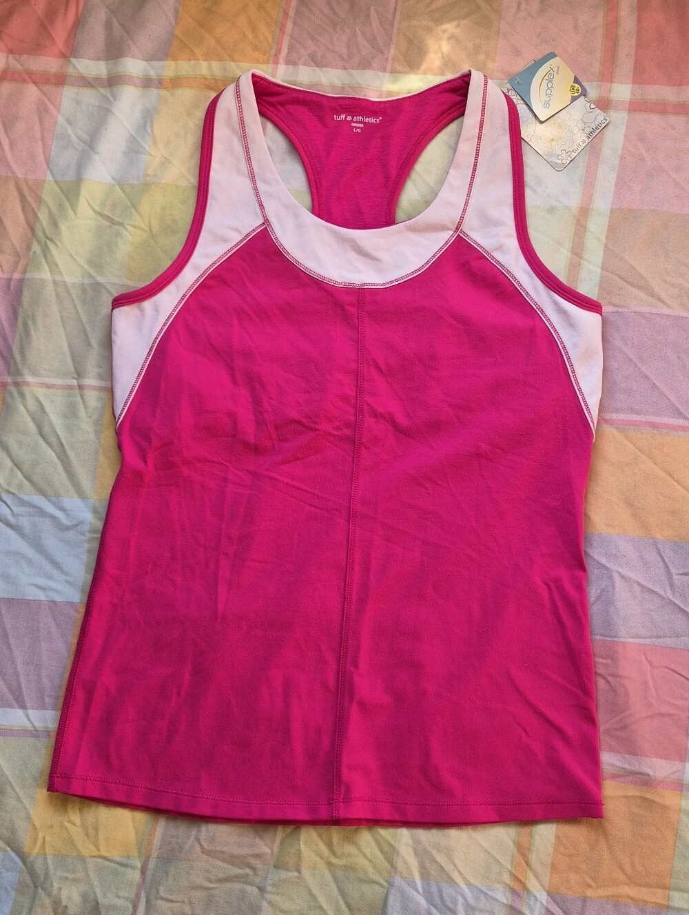 Tuff Athletics Pink and White Racerback Tank Top